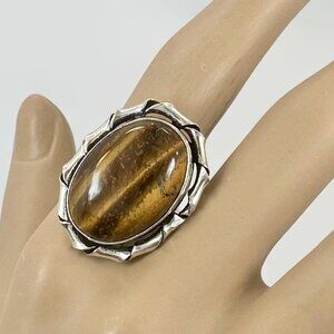 Tiger Eye Ring, Silver Plated ,Large Stone, Big Statement, Size 8, Huge, Vintage